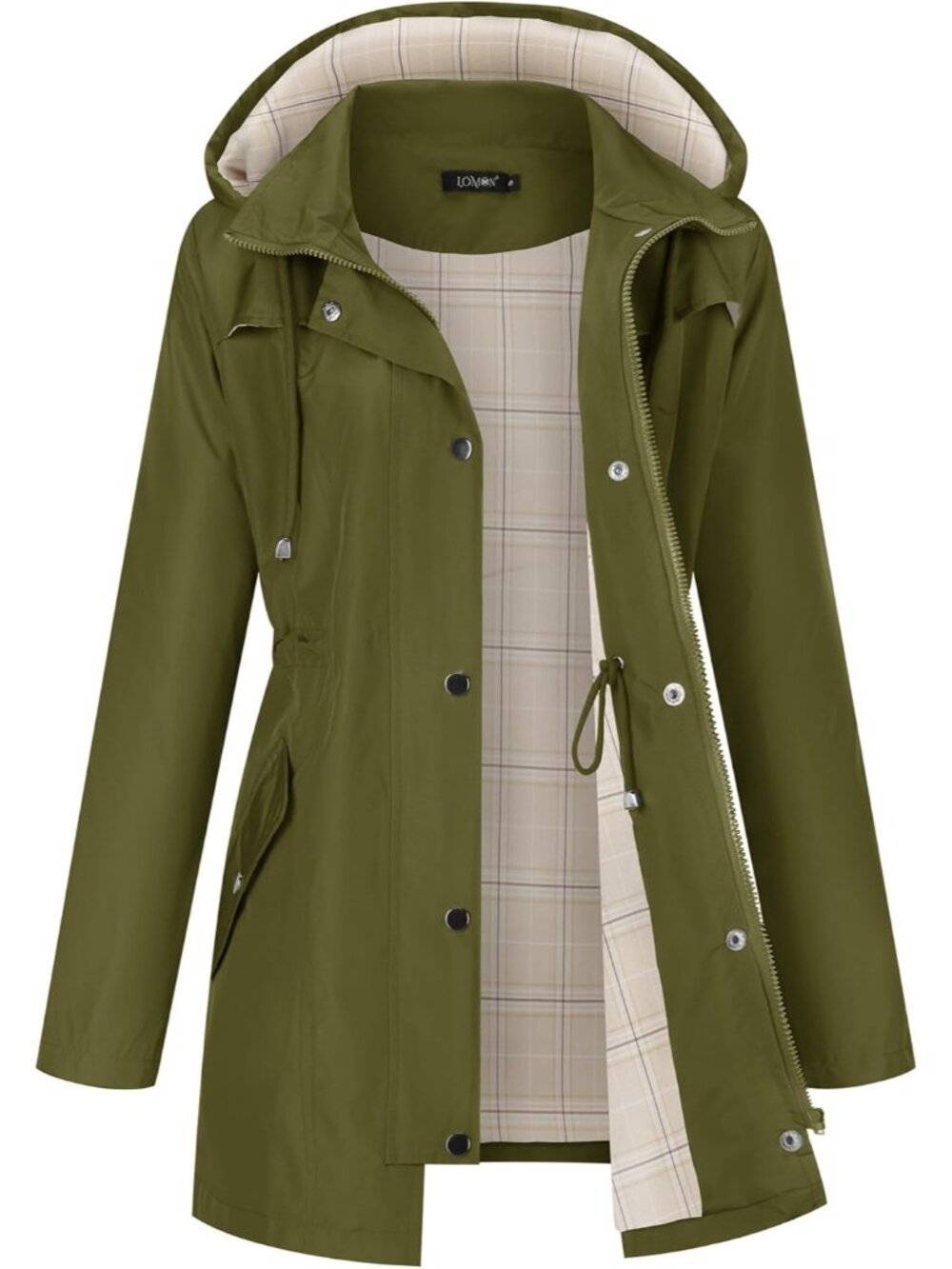 Women's Army Green Hooded Plaid Lined Waterproof Hiking Windbreaker Trench Coat